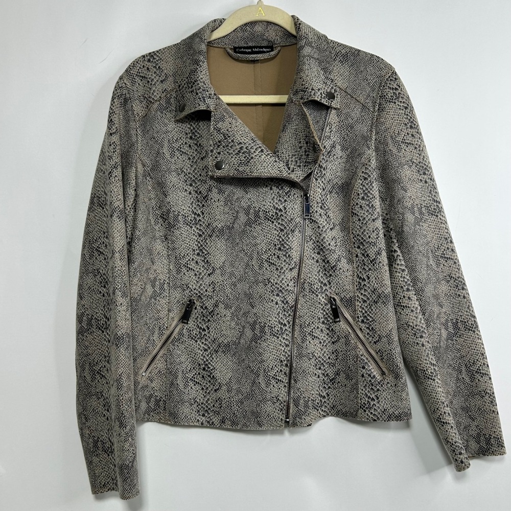 Catherine Malandrino Mens Grey Snakeskin Print Asymmetric Moto Jacket Size M